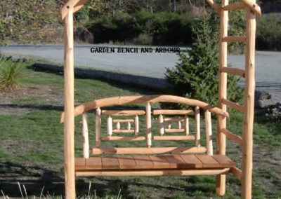 log garden bench and arbour